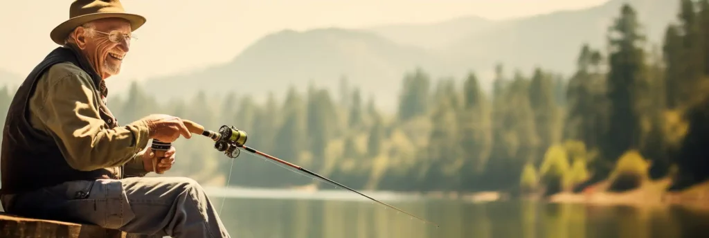 Happy old man fishing in California