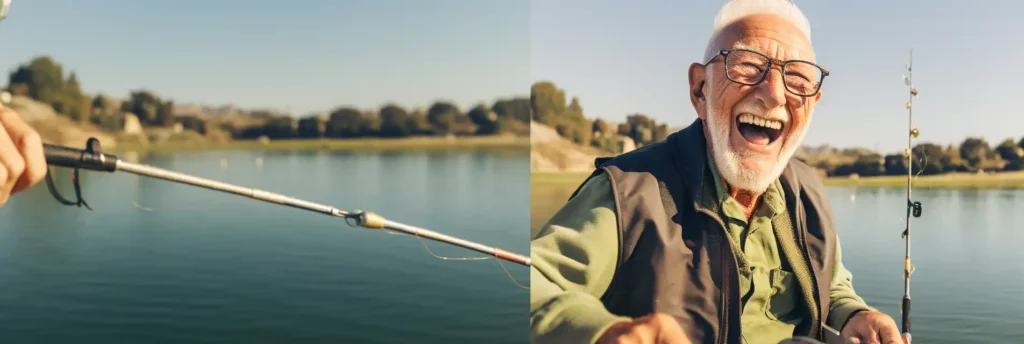 Happy old man fishing in California