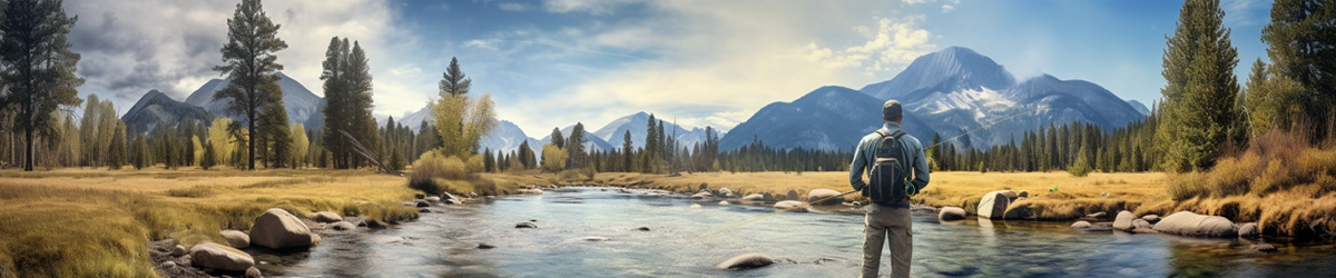 happy fisherman fishing in Montana with a beautiful landscape in the background